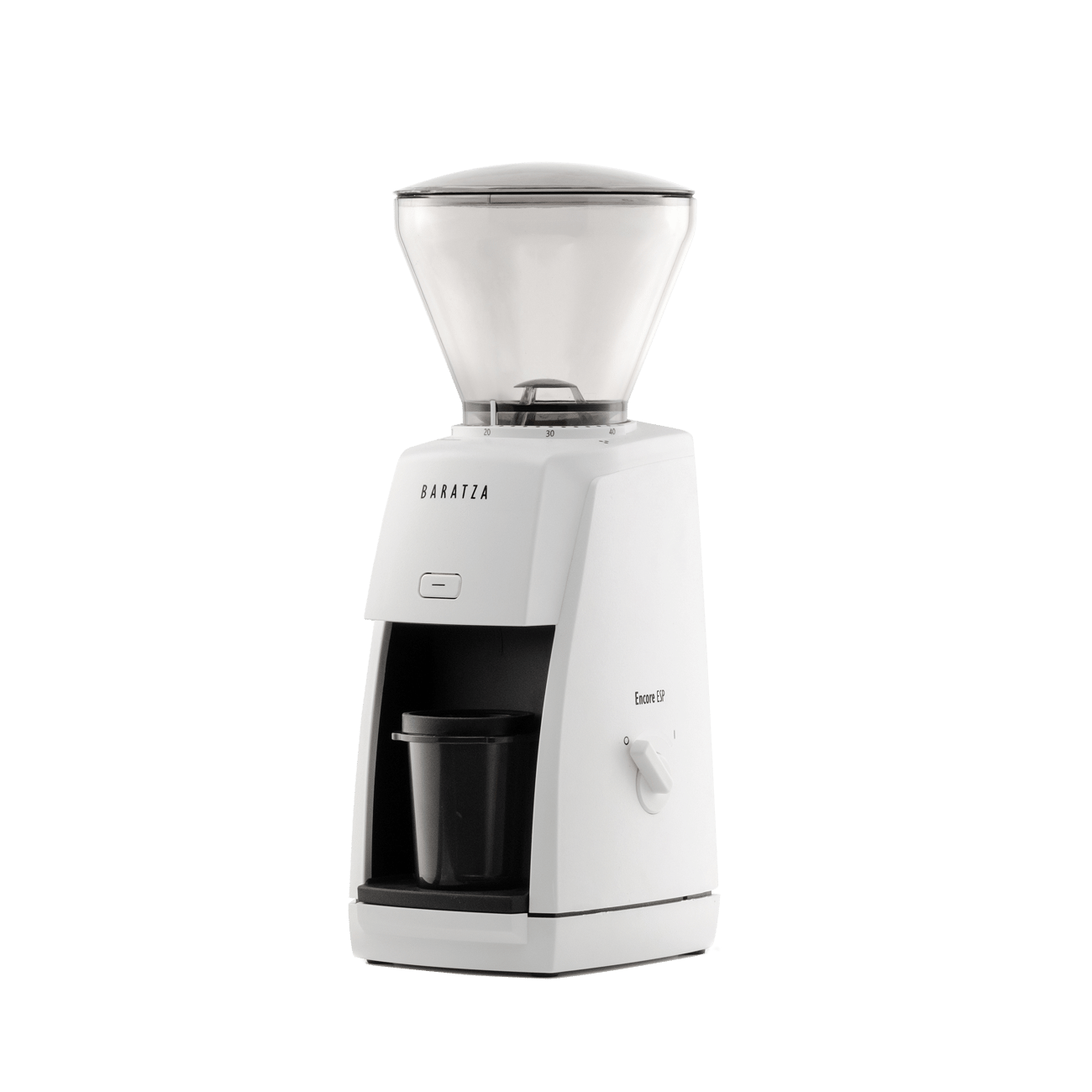 White Baratza Encore ESP coffee grinder with dosing cup